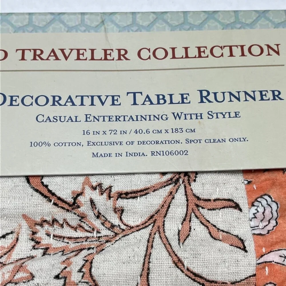 World Traveler Table Runner Muted Orange‎ Cream Floral Patchwork 16x72 Boho
